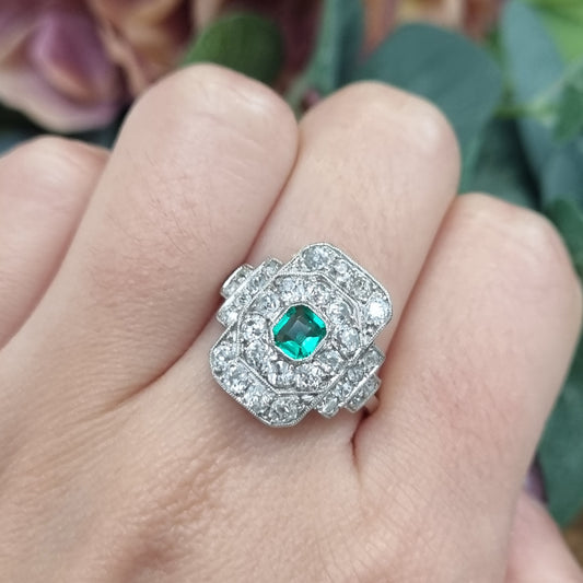 Art Deco Emerald and Diamond Cluster Panel Ring