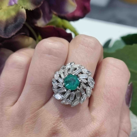 Vintage 1960s Emerald and Marquise and Baguette Diamond Swirl Cluster Cocktail Ring