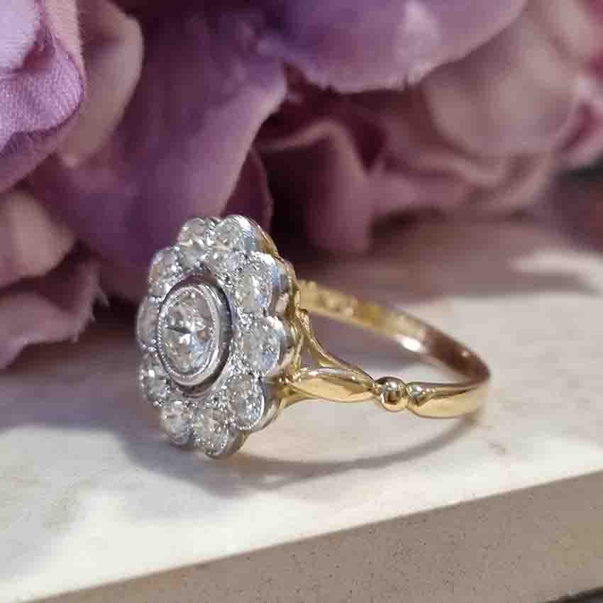 Diamond Daisy Flower Cluster Ring in Platinum to 18ct Yellow Gold