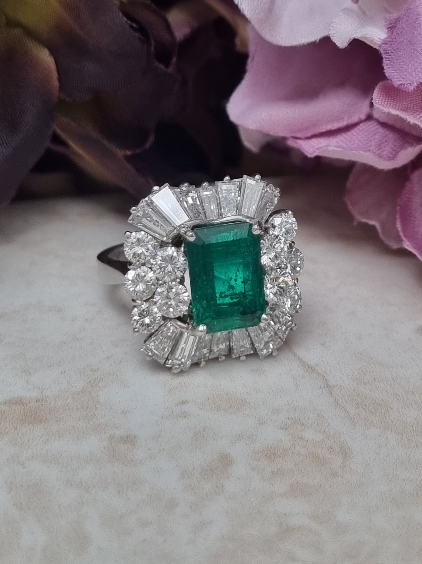 Vintage Colombian Emerald and Diamond Cluster Ring