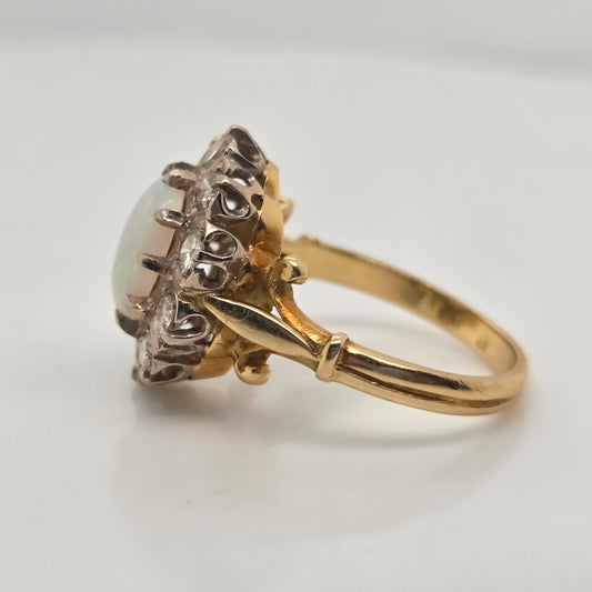 Vintage Opal and Diamond Oval Cluster Engagement Ring, 18ct Yellow gold.