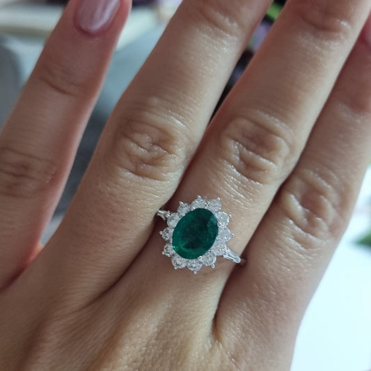 1.54ct Oval Emerald and Diamond Cluster Engagement Ring