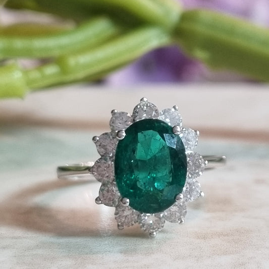2.16ct Oval Emerald and Diamond Cluster Ring
