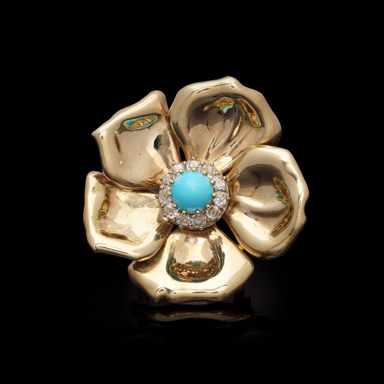 Vintage Old Mine Cut Diamonds And Turquoise Flower Brooch In 9 Carat Yellow Gold