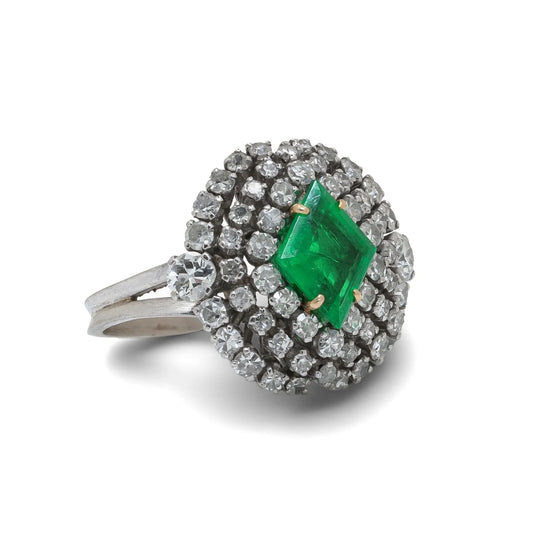 Vintage 1970's 14 Carat White Gold Emerald And Diamond Cluster Ring