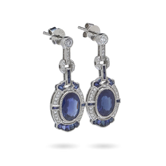 Vintage Platinum Sapphire and Diamond Drop Earrings, 2.92 cts
