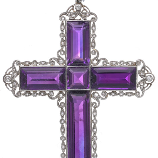 Edwardian 18 Carat Gold and Silver Amethyst Cross Pendant