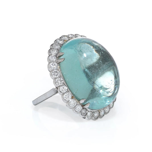 Vintage Platinum Cabochon Aquamarine And Diamond Ring