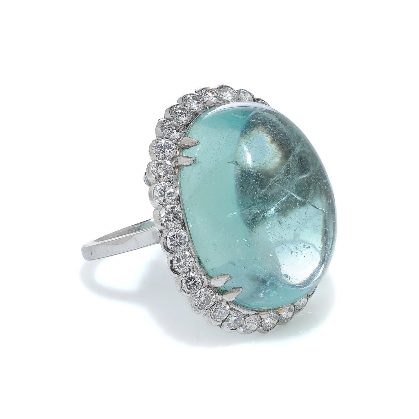 Vintage Platinum Cabochon Aquamarine And Diamond Ring