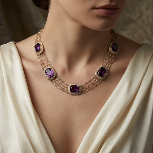 Victorian Natural Pearl and Amethyst Necklace in 14KT Gold