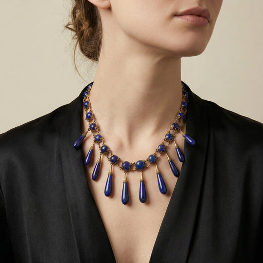 Victorian 15 ct Gold Natural Lapis Lazuli Fringe Necklace