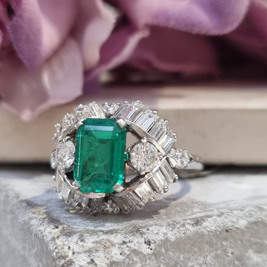 Vintage Boucheron Colombian Emerald and Diamond Cluster Dress Ring