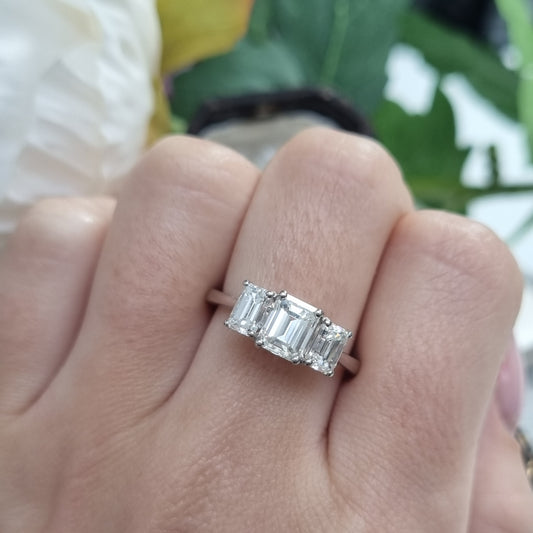 Emerald Cut Three Stone Diamond Engagement Ring in Platinum, 2.34 carats