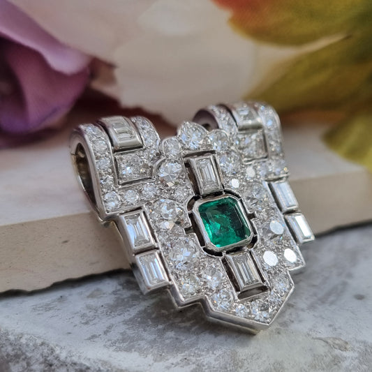Art Deco Colombian Emerald and Diamond Clip Brooch