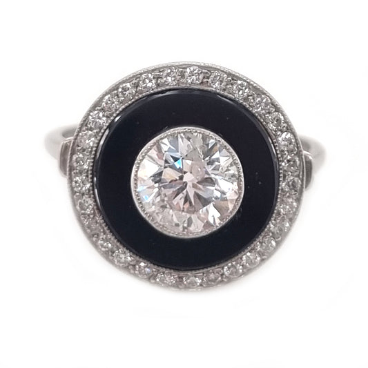 Art Deco 1ct Old Cut Diamond and Onyx Target Cluster Ring