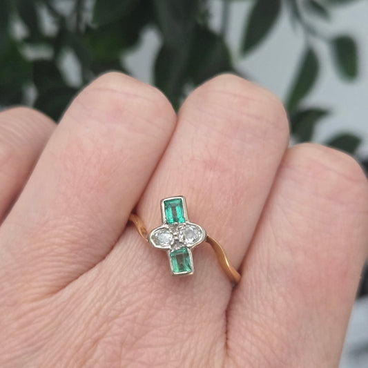 Edwardian Antique Emerald and Old Cut Diamond Toi et Moi Ring