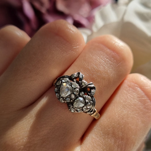 antique rose cut diamond double heart bow ring Victorian Circa 1880 Dutch
