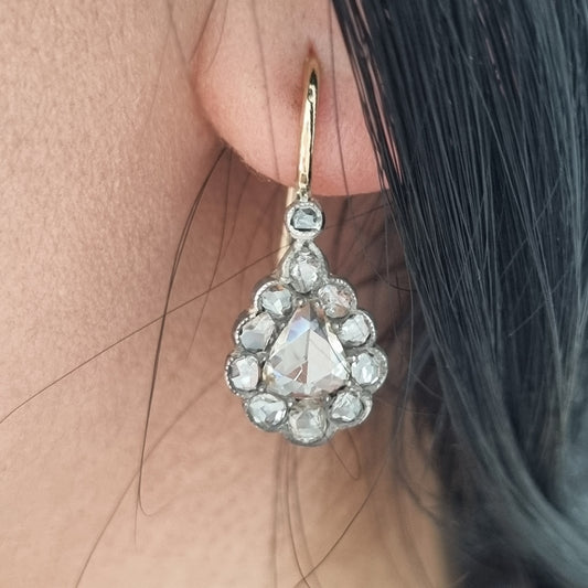 Antique Rose Cut Diamond Pear Shape Cluster Drop Earrings