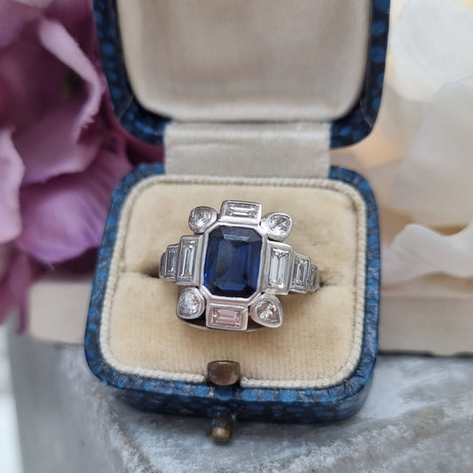Antique Vintage Art Deco Sapphire and Baguette Diamond Cluster Engagement Ring