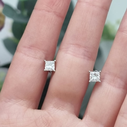 Single Stone Square Princess Cut Diamond Solitaire Stud Earrings, 0.76 carats
