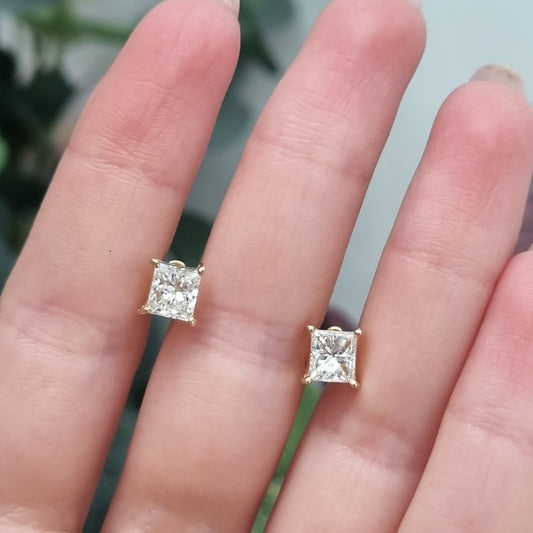 1.73ct Square Princess Cut Diamond Solitaire Stud Earrings in Yellow Gold