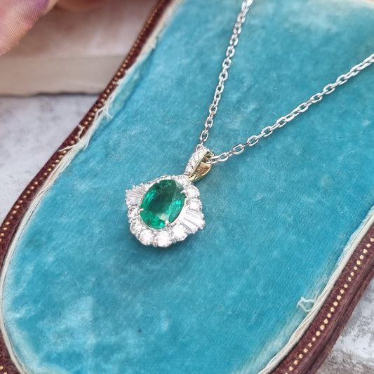 1.27ct Oval Emerald and Diamond Pendant with Chain