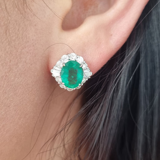 3.61ct Oval Emerald and Diamond Cluster Stud Earrings in 18ct Gold