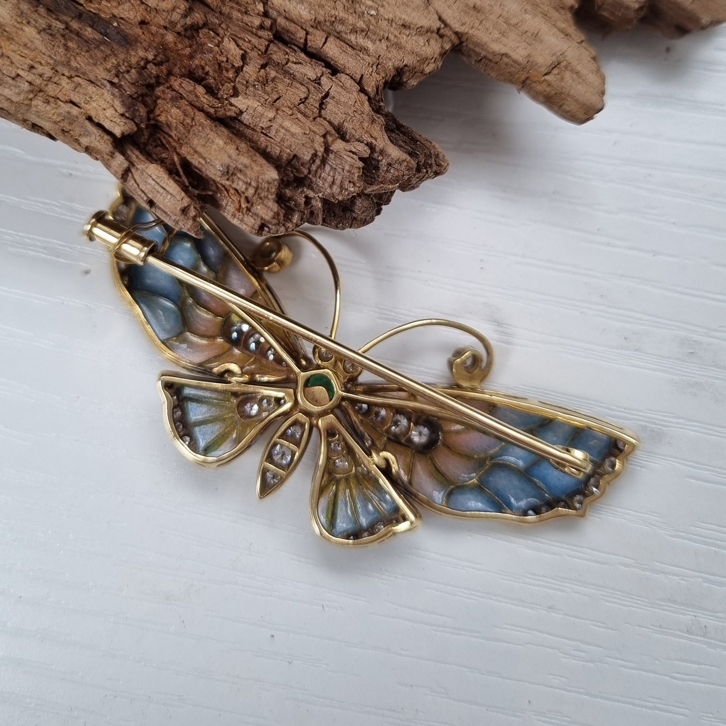Blue and Pink Plique a Jour Enamel Butterfly Brooch with Diamonds and Emerald