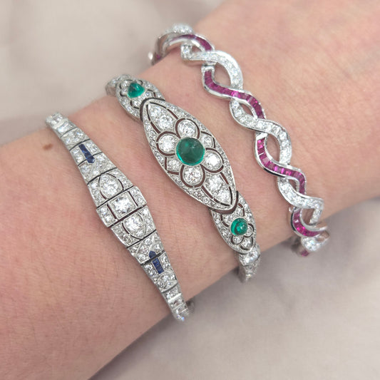 Fine Art Deco Cabochon Emerald and Diamond Bracelet