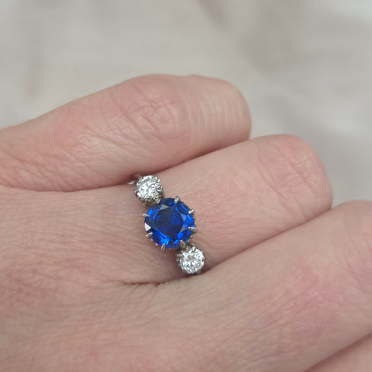 Vintage Late Art Deco 1.25ct Vivid Blue Sapphire and Diamond Three Stone Engagement Ring