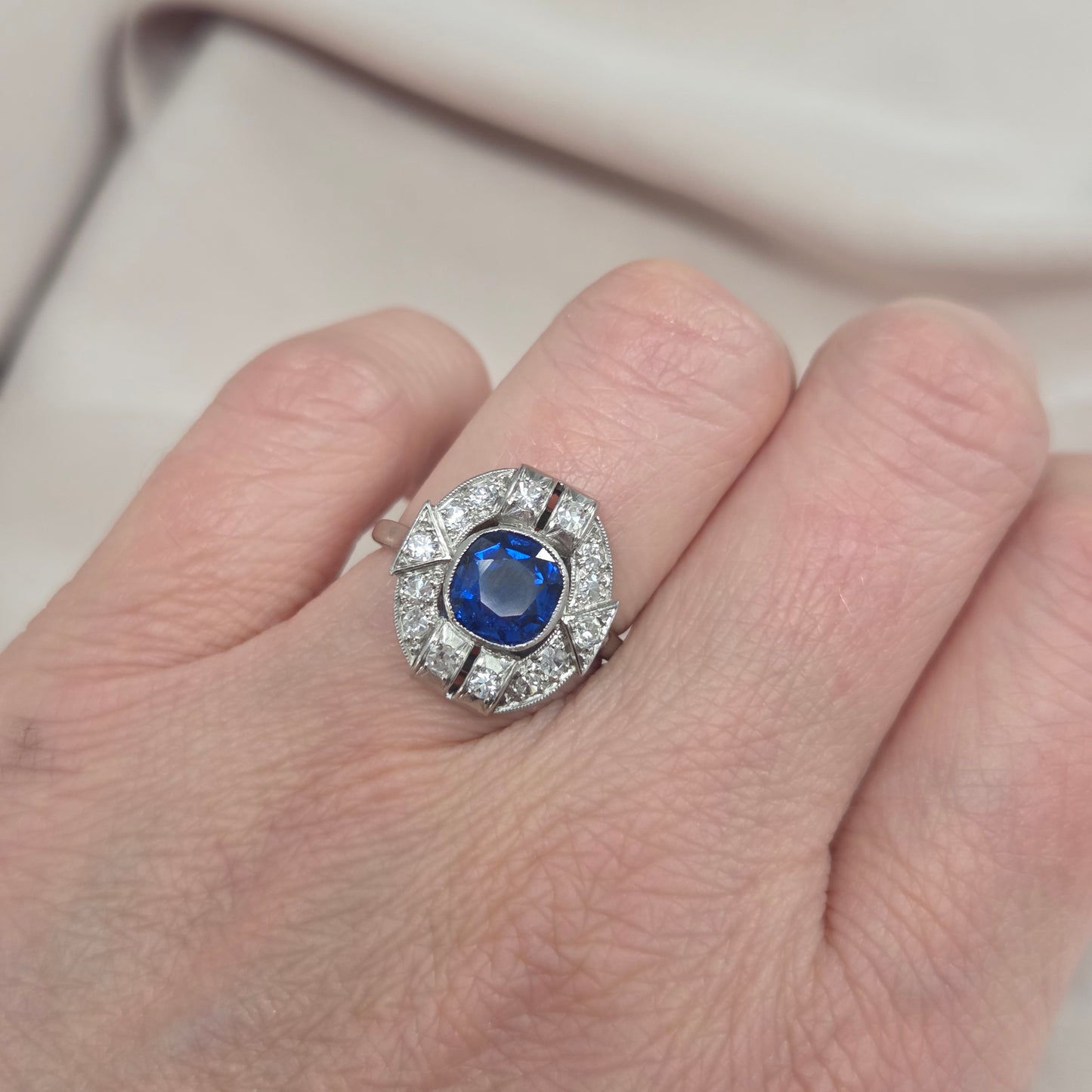 Art Deco French 1.87ct Sapphire and Diamond Cluster Plaque Ring in Platinum