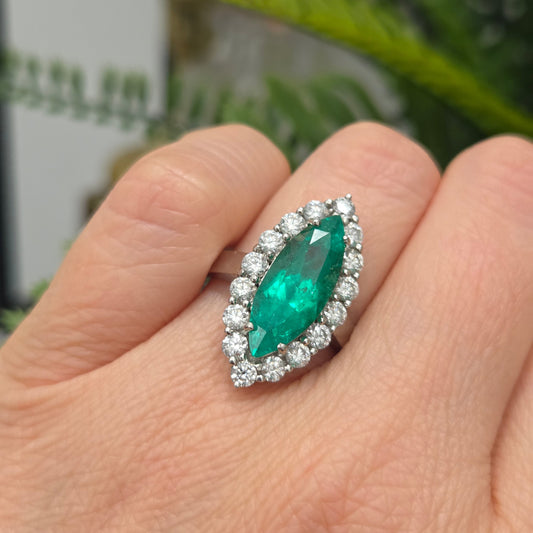 Vintage 5ct Marquise Emerald and Diamond Navette Cluster Ring in Platinum