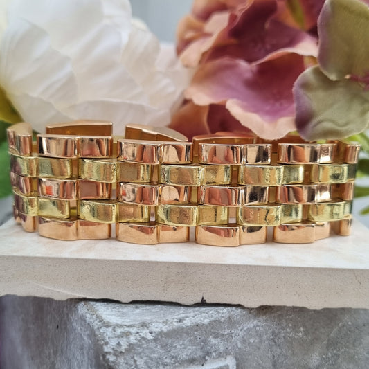 Vintage 1940s Retro Bi Colour 18ct Yellow Rose Gold Brick Link Wide Bracelet