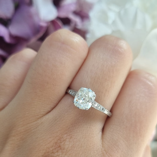 Edwardian Antique 1.52ct Single Stone Old Cushion Cut Diamond Solitaire Engagement Ring in Platinum