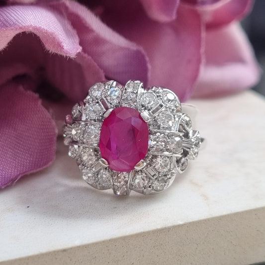 Vintage Antique Art Deco 1.65ct Burma Ruby Cluster Dress Ring Certified
