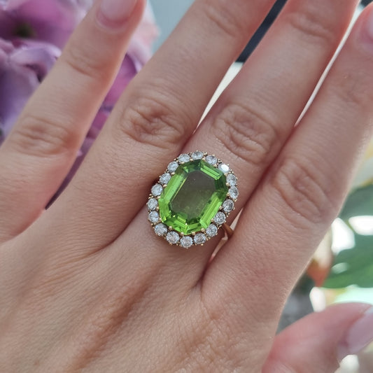 Vintage 6cts Peridot and Diamond Cluster Dress Cocktail Ring, Circa 1940s