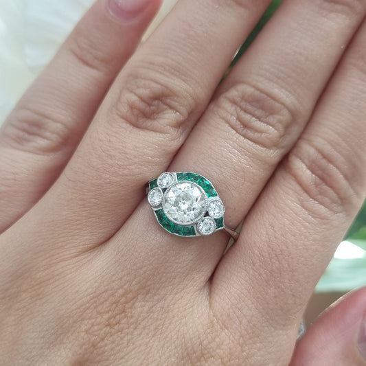 Art Deco Inspired 1.21ct Diamond and Emerald Target Cluster Ring in Platinum