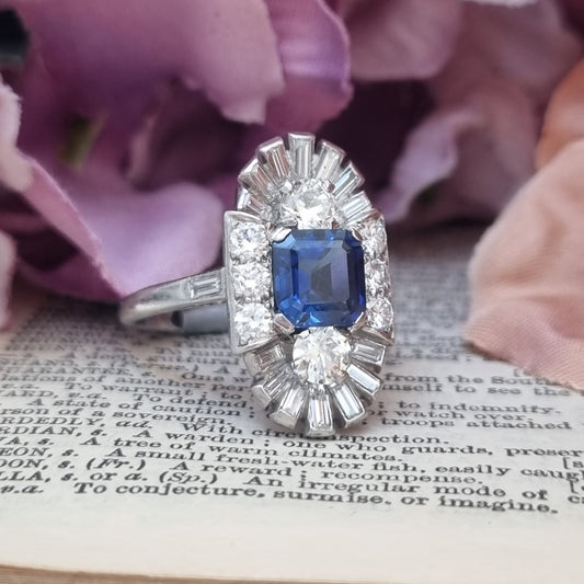 Art Deco Sapphire and Diamond Three Stone Cluster Plaque Ring