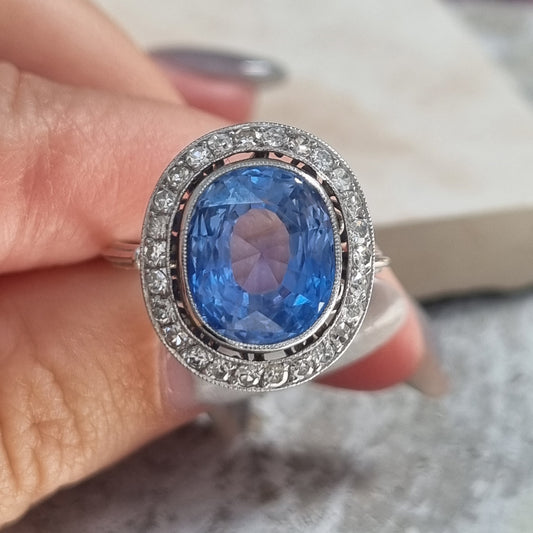 Vintage Art Deco 6ct Ceylon Sapphire and Diamond Cluster Ring
