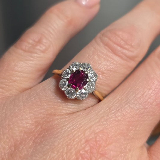 Antique Ruby and Old Cut Diamond Cluster Engagement Ring