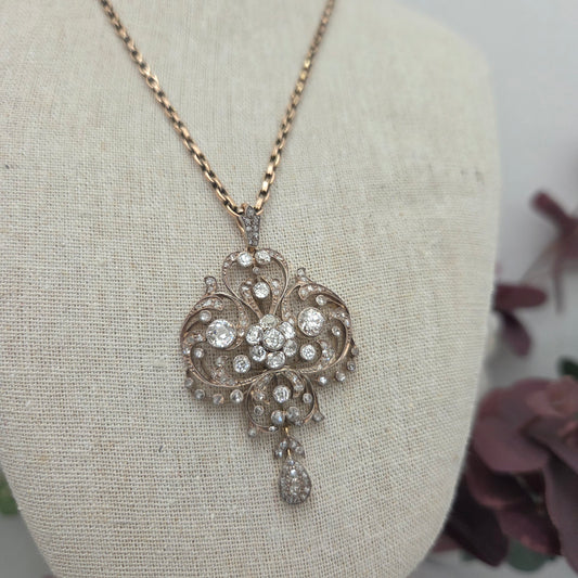 Victorian Antique Old Cut Diamond Scroll Drop Pendant