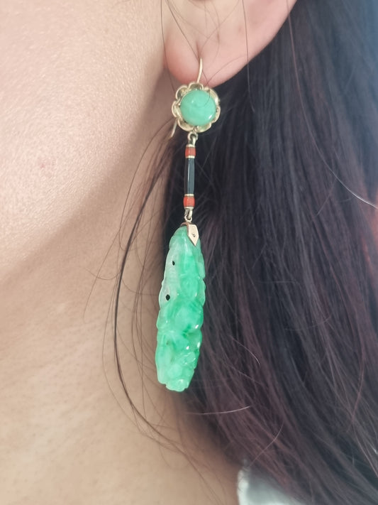 Art Deco Carved Jade Drop Earrings with Black and Orange Enamel