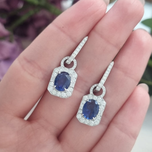 Contemporary 3.4ct Sapphire and Diamond Cluster Drop Earrings