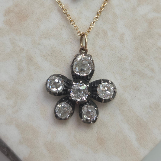 Antique 1.80ct Old Cut Diamond Flower Pendant with Chain