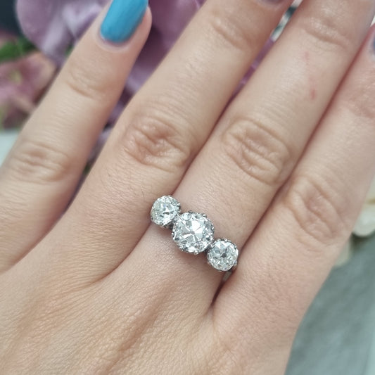 Antique 2.9ct Old Mine Cut Diamond Three Stone Engagement Ring