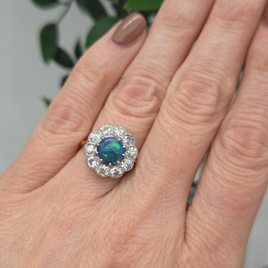 Victorian Antique Black Opal and Old Cut Diamond Cluster Engagement Ring