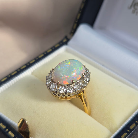 Antique Opal and Old Cut Diamond Cluster Engagement Ring in Platinum and 18ct Gold