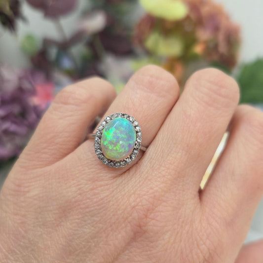 Edwardian Antique Opal and Diamond Cluster Ring