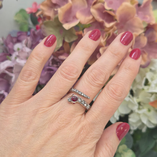 Victorian Antique Ruby and Diamond Snake Ring