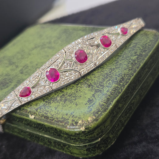 Belle Epoque Antique 3ct Burma Ruby and 6ct Diamond Bracelet in Platinum